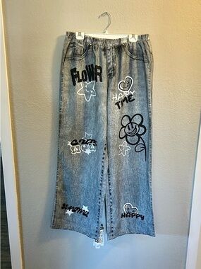 MANFINITY XL Gray Graphic Print Faux Jeans with Elastic Waistband